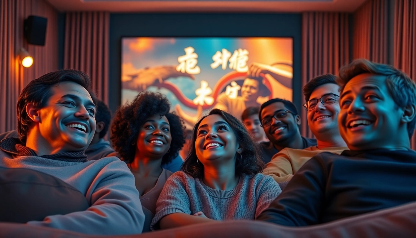 Enjoying ดูหนังออนไลน์ while surrounded by friends in a cozy home theater setting.