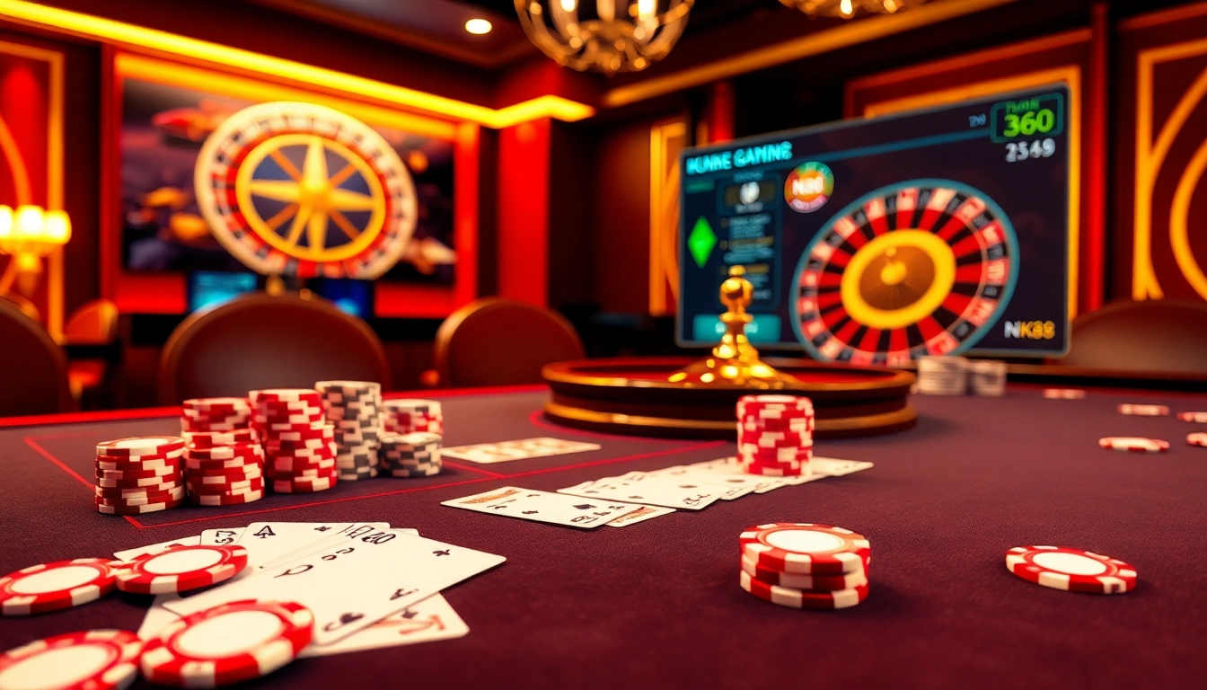 NK88 gambling scene featuring poker table, roulette wheel, and vibrant chips.
