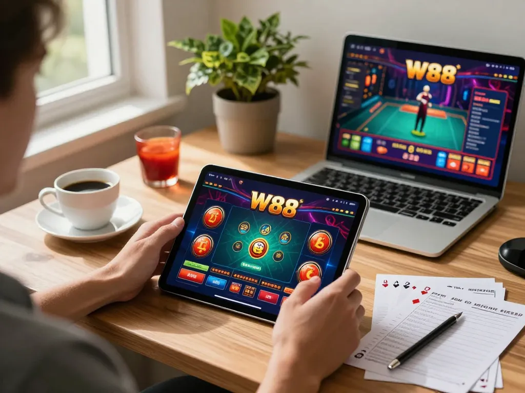 Engaging with the W88 mobile casino app during a cozy gaming session at home.