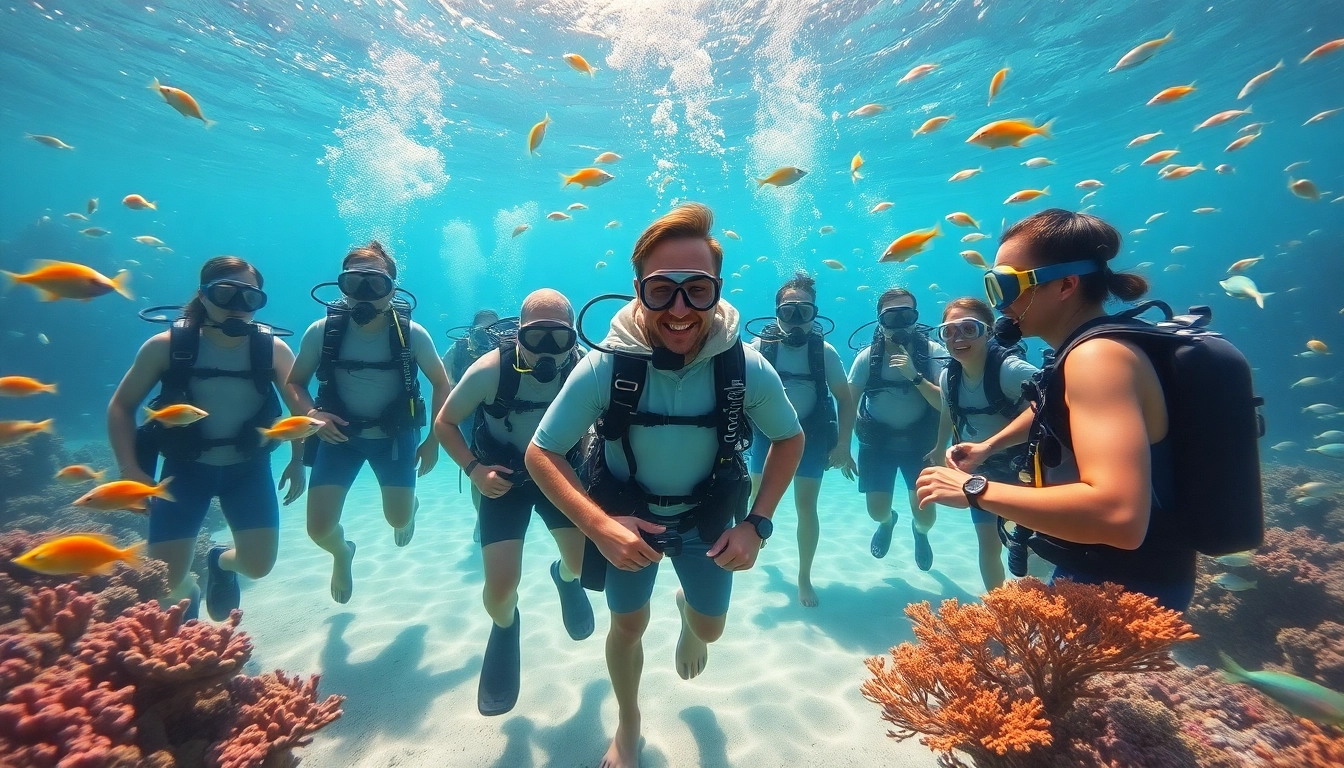 SSI Open Water Diver Kurs mit begeisterten Schülern unter Wasser in einer bunten Korallenlandschaft.