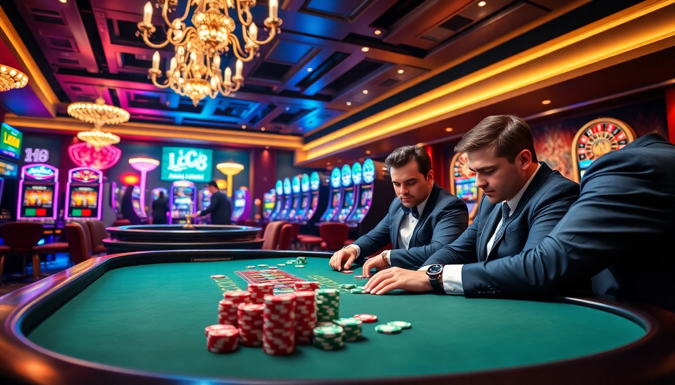 Players engaging at a vibrant poker table celebrating lc88-themed gaming excitement.
