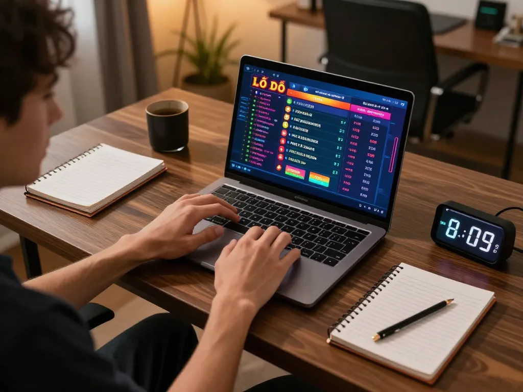 Lô đề online user engaging in strategic gameplay with laptop in a cozy home office