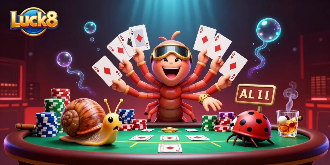 Experience Luck8 excitement as a vibrant cartoon millipede dealer manages a high-stakes poker game.