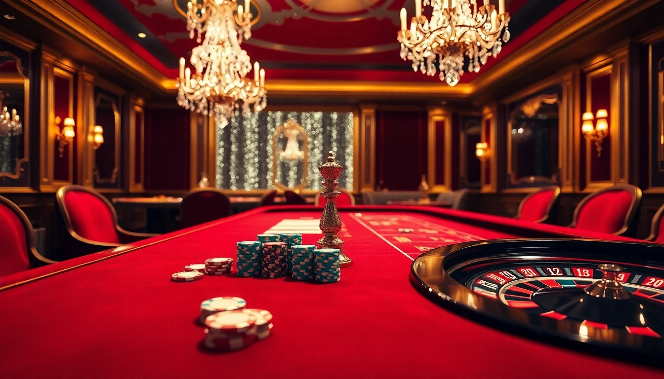 Action captivante de casino en ligne avec des jetons de poker et une roue de roulette sur une table de jeu luxueuse.