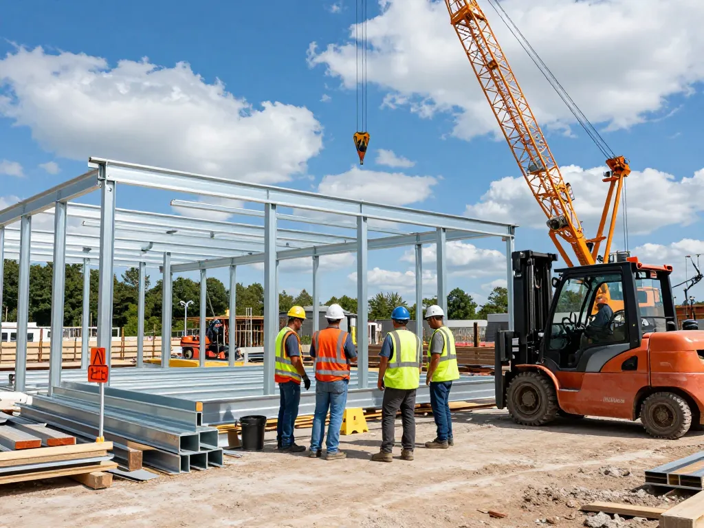 Maine commercial construction professionals collaborating efficiently on-site at a steel building project.