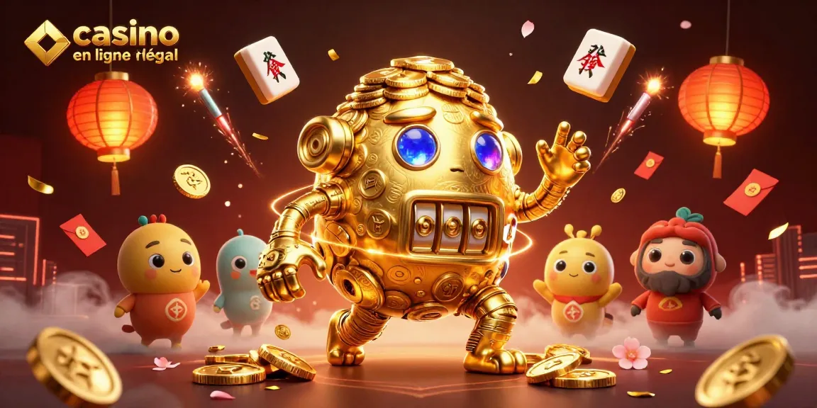 Illustration d'un golem en or, lié au casino en ligne France légal, émettant des pièces d'or et entouré d'éléments festifs et d'opportunités de jeu.