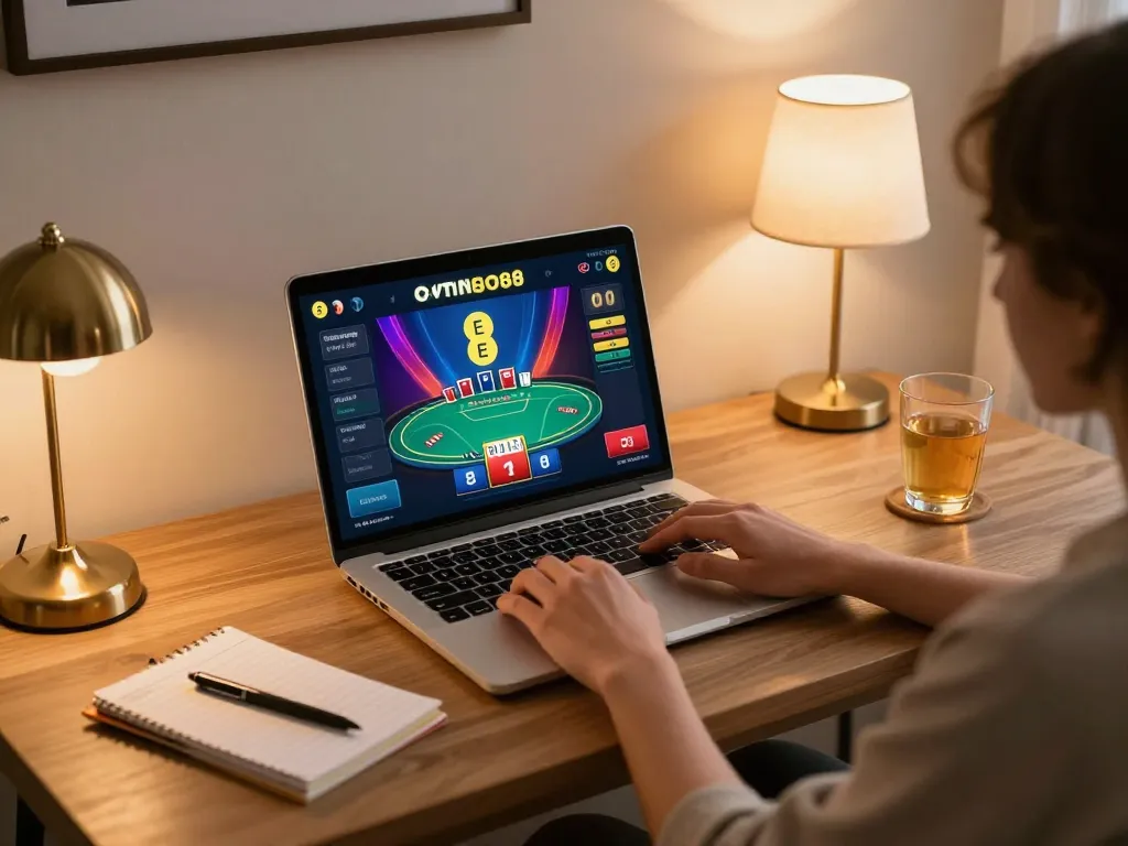 Person enjoying online poker at EE88 in a stylish home setting, showcasing a laptop and strategy notes