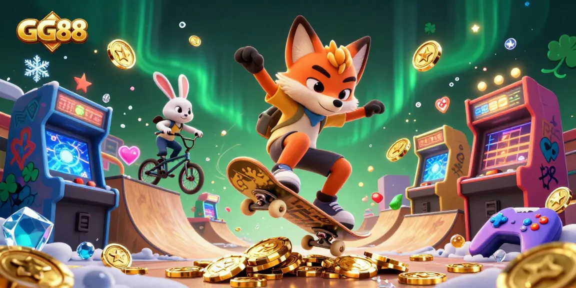 Experience thrilling action at GG88 with a dynamic scene involving a skateboarder fox and BMX rabbit in a vibrant casino setting.