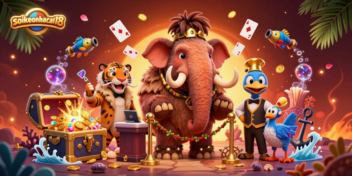 Experience thrilling gaming with soikeonhacai18 as the woolly mammoth bouncer oversees a vibrant casino scene.