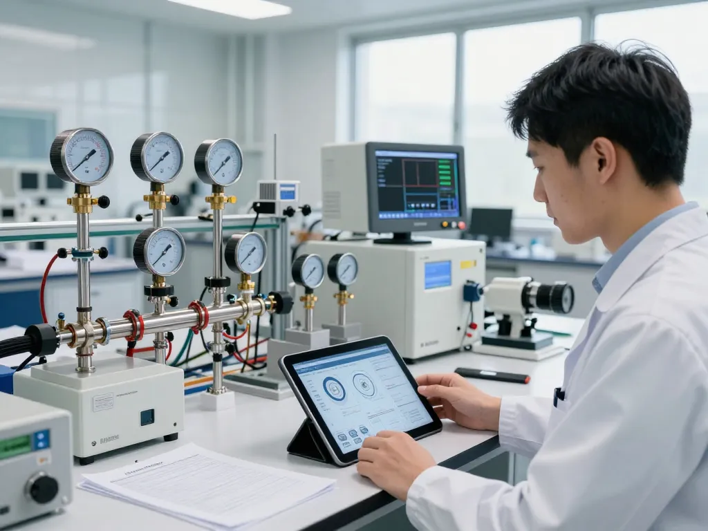 Engineer assessing Endress Hauser instruments in a modern lab setting, showcasing advanced measurement technology.