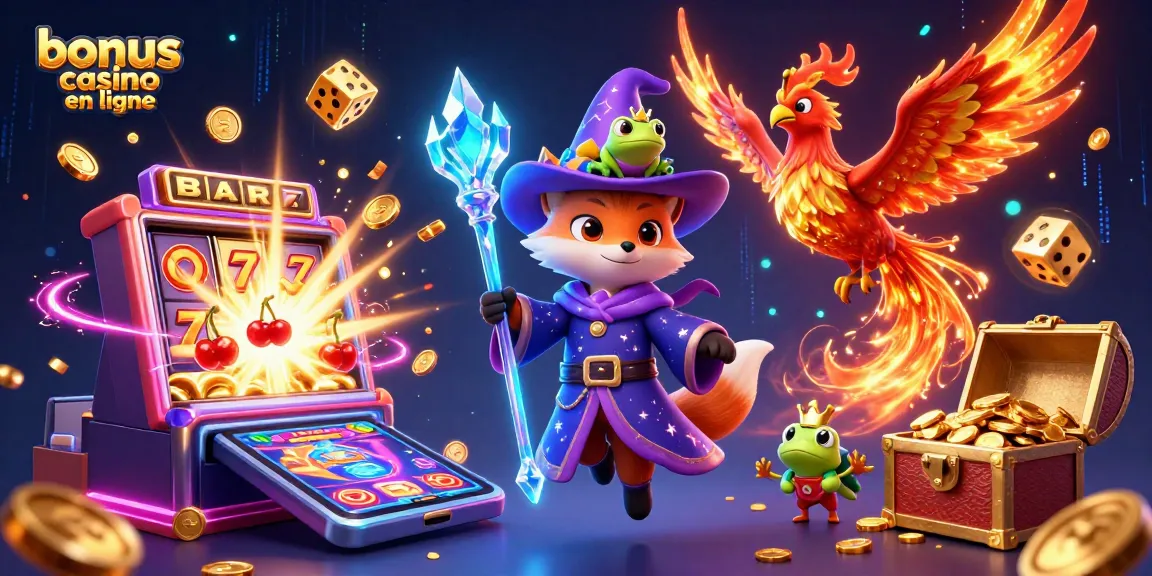 Gagnez avec des bonus casino en ligne grâce à cette illustration animée de jeux et personnages mystiques.