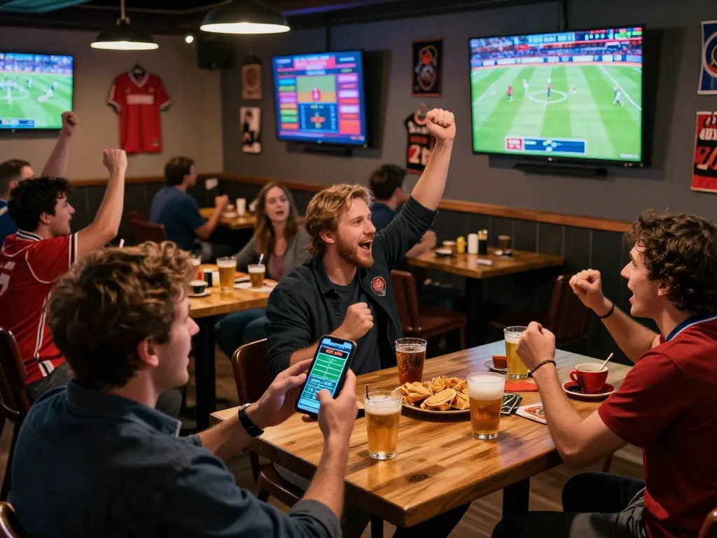 Engaging with nhà cái 8xbet while placing live sports bets in a vibrant sports bar atmosphere.