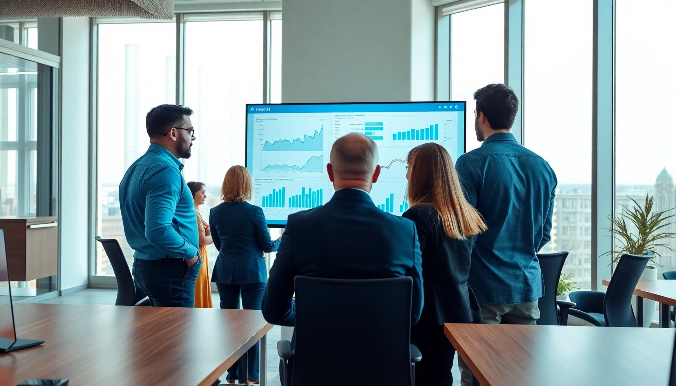 Analyze competitor pricing strategies with a team in an energetic office environment.