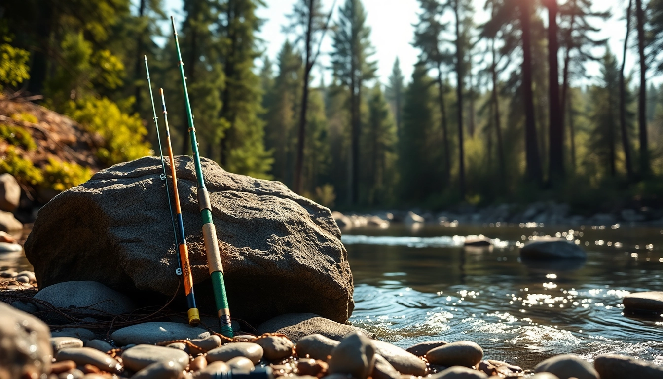 Showcasing the best fly fishing rods in a serene riverside setting with sunlight reflecting on water.