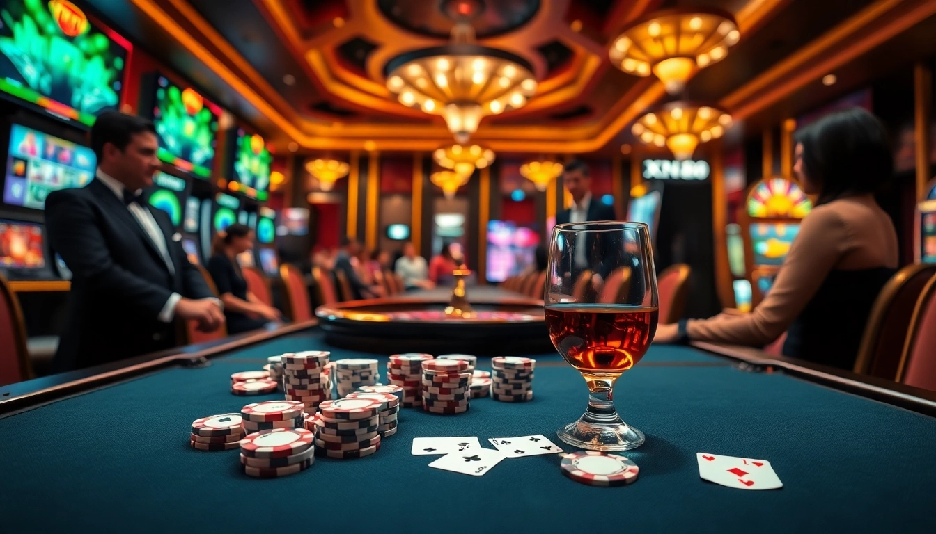 Experience the excitement at XN88’s vibrant casino tables featuring poker chips and roulette wheels.