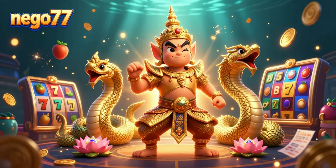 Engage with nego77's exciting gaming experience, featuring a vibrant 3D illustration of a Thai guardian and dynamic casino elements.