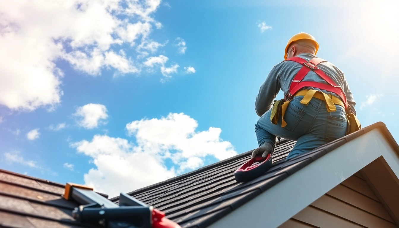 Roofer engaged in roof repair work on a sunny day, demonstrating skillful craftsmanship.