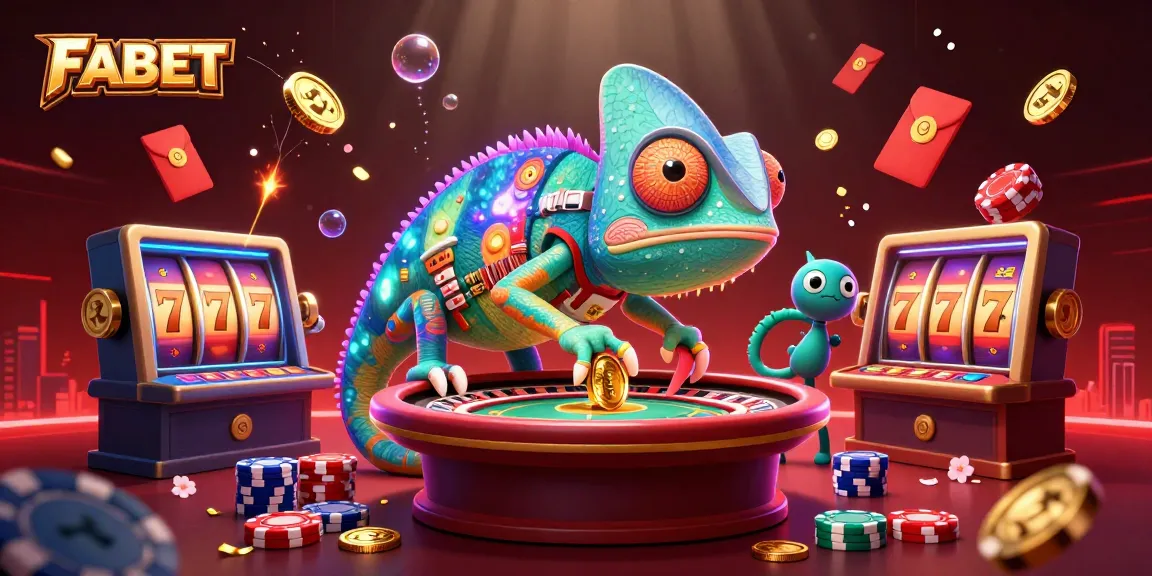 FABET showcases a colorful chameleon casino owner with rich gambling elements, enhancing online gaming excitement.