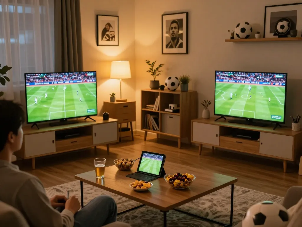 Socolive live football streaming in a cozy home setup with snacks and drinks.