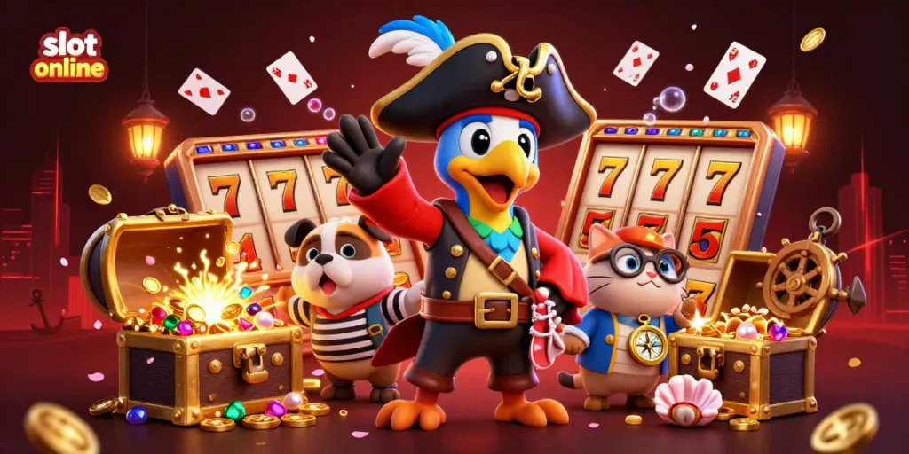 Experience the thrill of slot online games with this vibrant 3D illustration featuring dynamic characters and gaming elements.