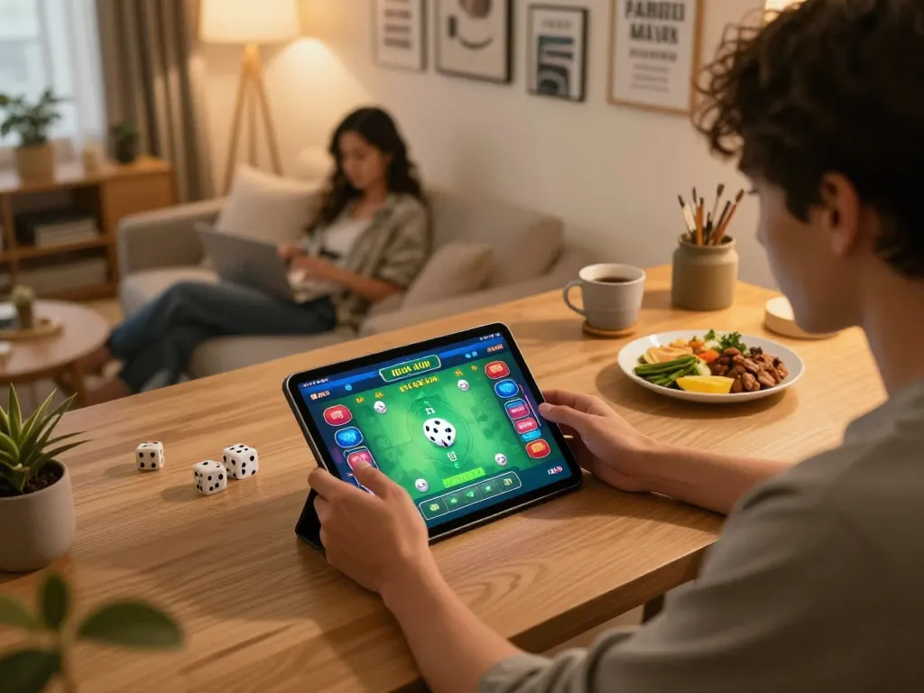 Tài xỉu gameplay on a tablet in a cozy home setting, showcasing strategic betting options.