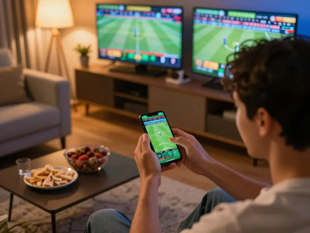 Excited user placing bets through the LC88 sports betting app in a vibrant home gaming setup.