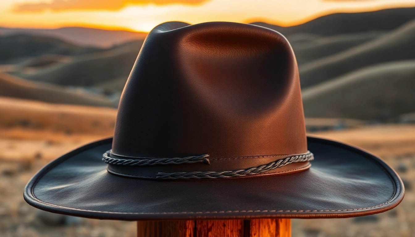 Admire the cowboy hats against a rustic backdrop with intricate details and a warm sunset.