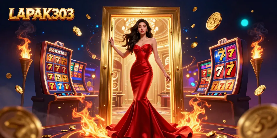 LAPAK303 offers a mesmerizing VIP casino experience with a stunning Asian woman and vibrant slot elements.