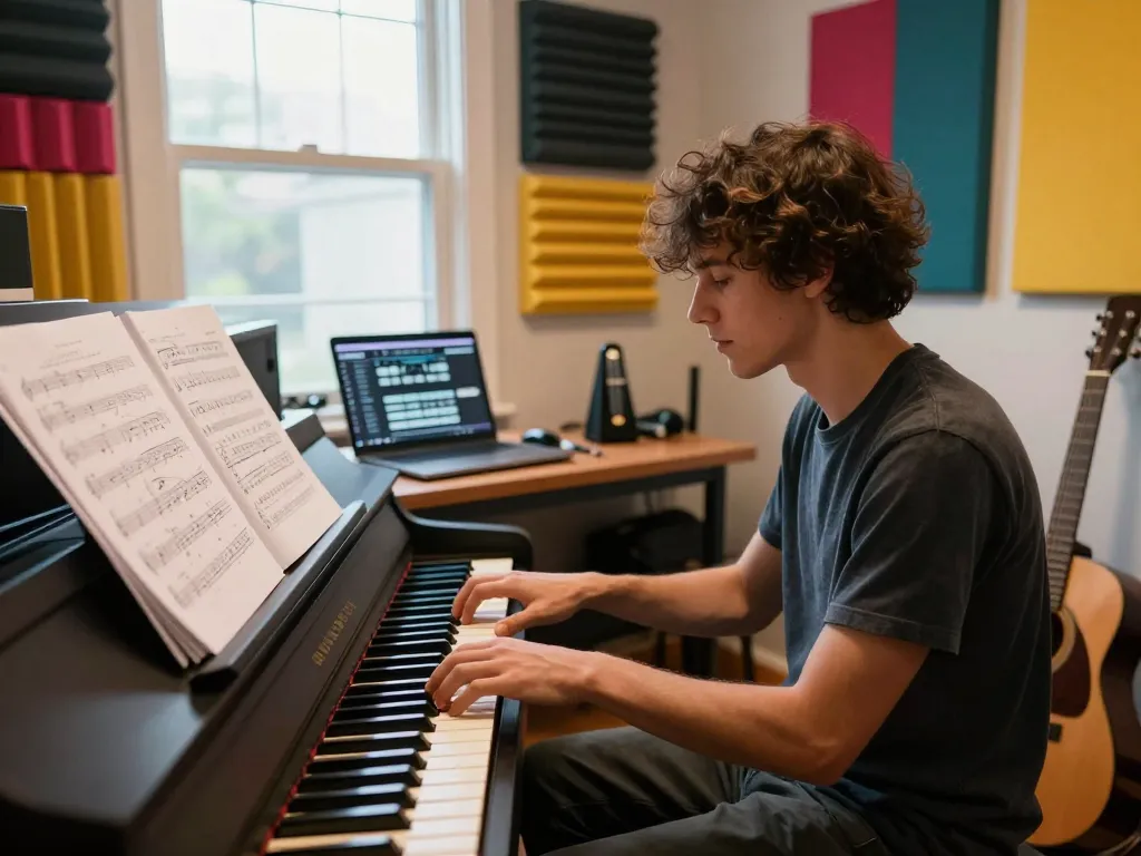 Musician engaged with the go 88 piano in a cozy, well-lit studio.