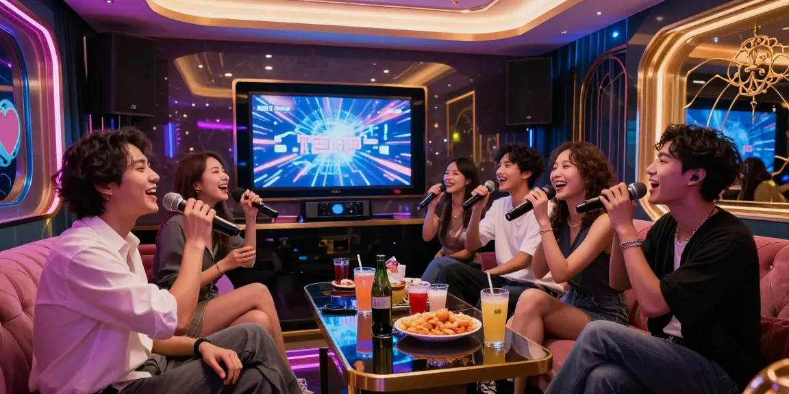 강남 가라오케에서 친구들이 즐겁게 노래를 부르고 있는 모습