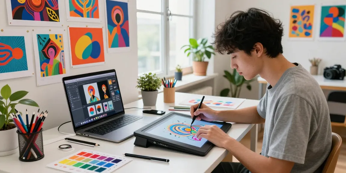 Artist creating 18+ AI digital artwork in a vibrant studio environment.