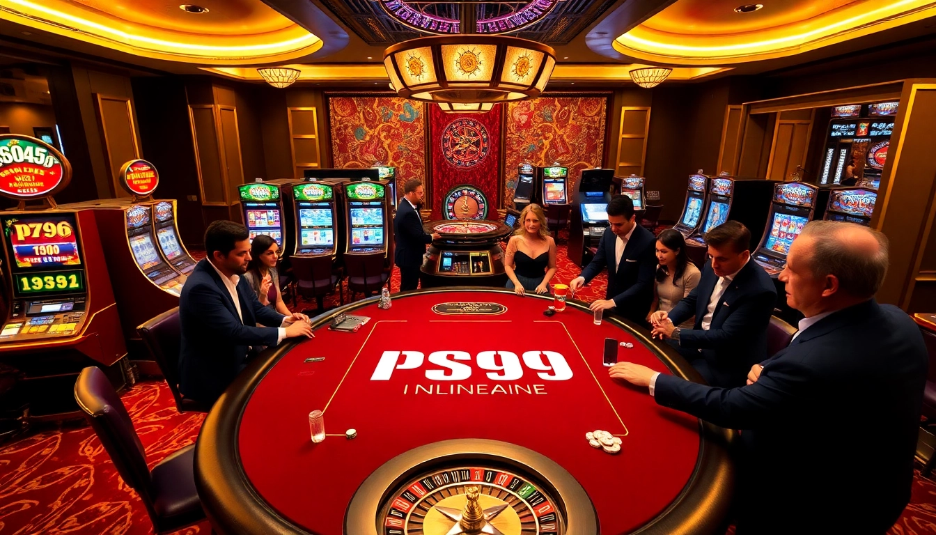 Exciting gameplay at a PS99 casino table with professional dealers and vibrant slot machines.