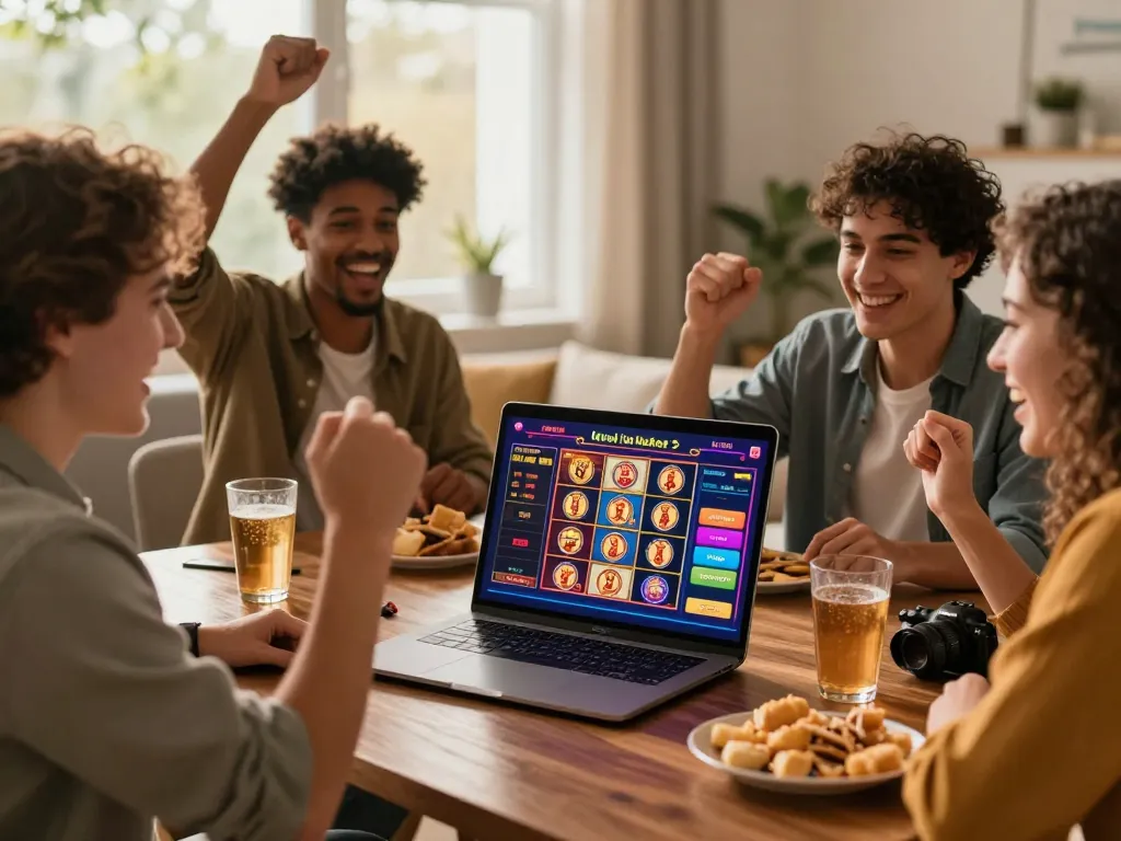 Friends celebrating a big win on sun win online platform in a cozy living room.