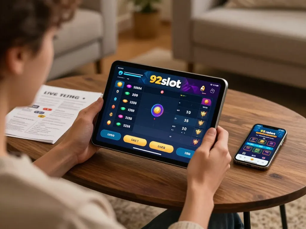 Engaging gameplay on 92slot com tablet in cozy home setting.