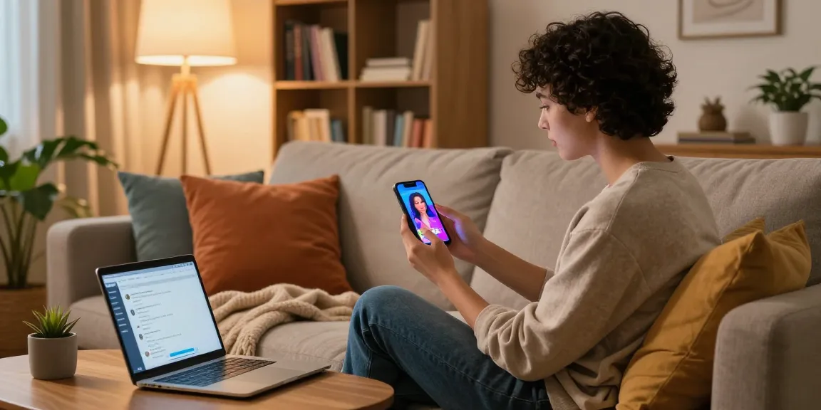 Relaxed individual using girlfriend AI app on smartphone in cozy living room, modern tech atmosphere.