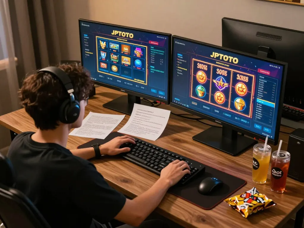 JPTOTO user strategizing for online slots in a cozy home gaming setup