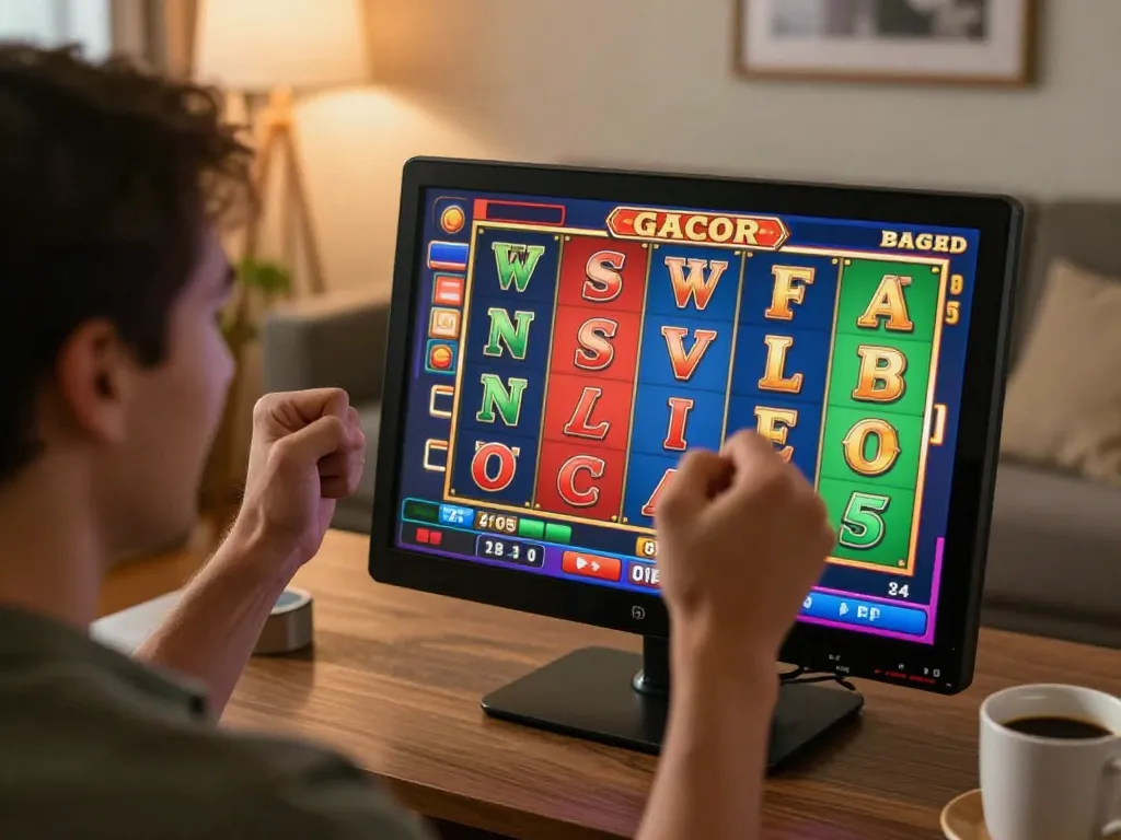 Person celebrates a slot gacor win on a smartphone in a cozy home setting