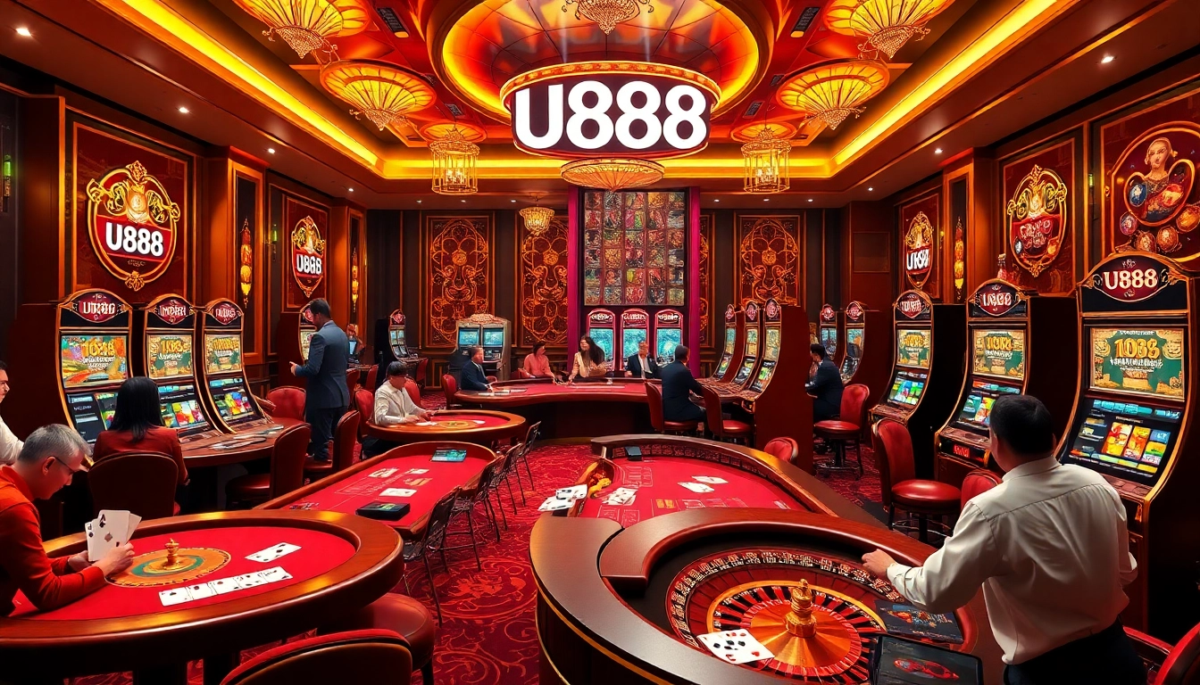 U888 players engaging in thrilling casino games amid luxurious surroundings.
