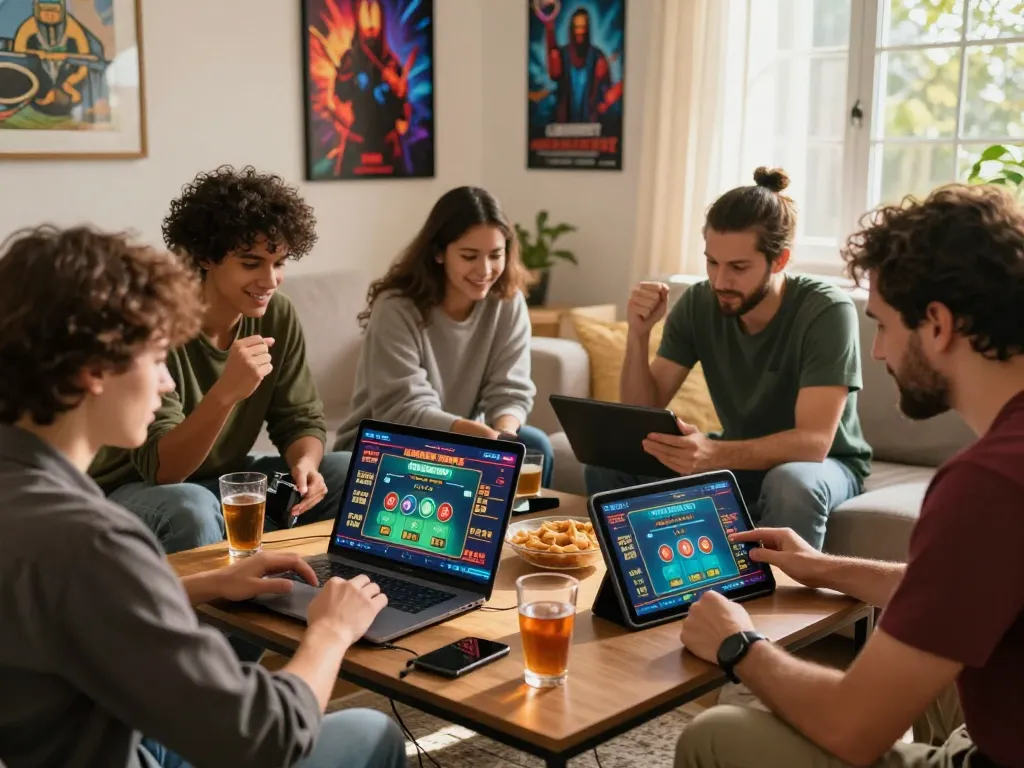 Exciting online gambling experience with friends engaging in wraungtoto games in a cozy living room setting.