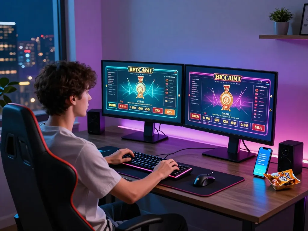 Engaging baccarat site gaming scene showcasing a player immersed in online gameplay with dual monitors and LED lights.