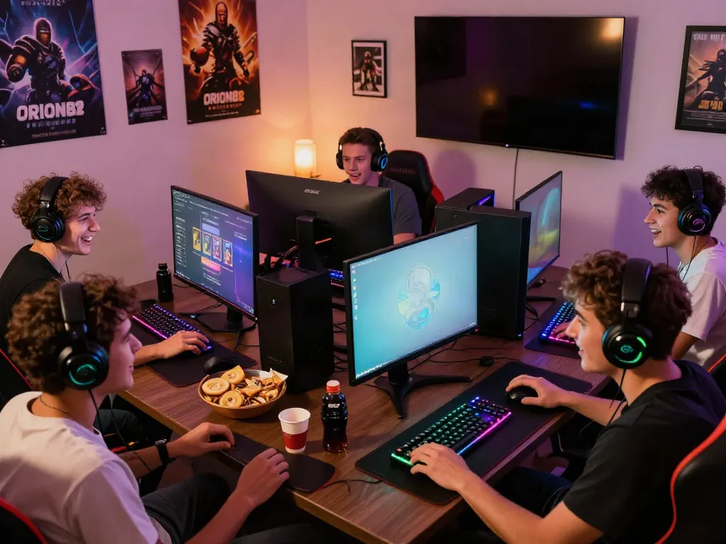 Diverse gamers enjoying ORION88 in an electrifying setting, showcasing excitement and strategy.