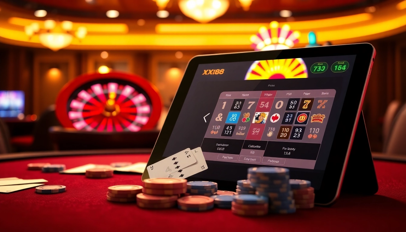 Experience the thrill of online gambling at XX88 with a luxurious casino interface and poker setup.