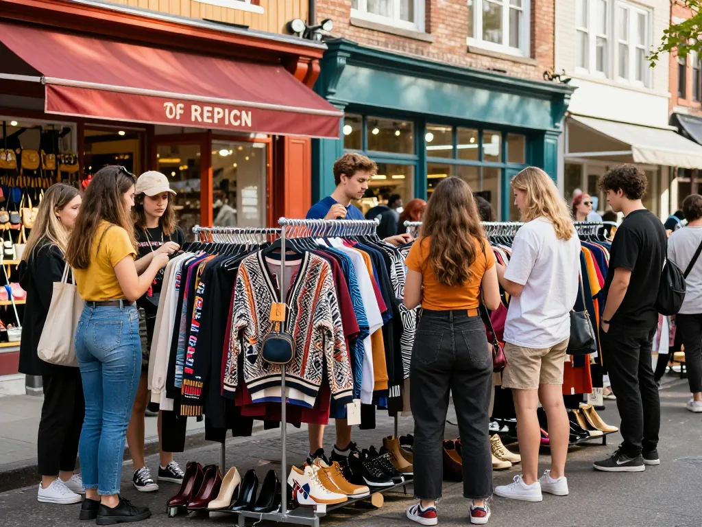 Shoppers exploring high-quality 레플리카 쇼핑몰 in a lively urban market filled with trendy clothes and accessories.