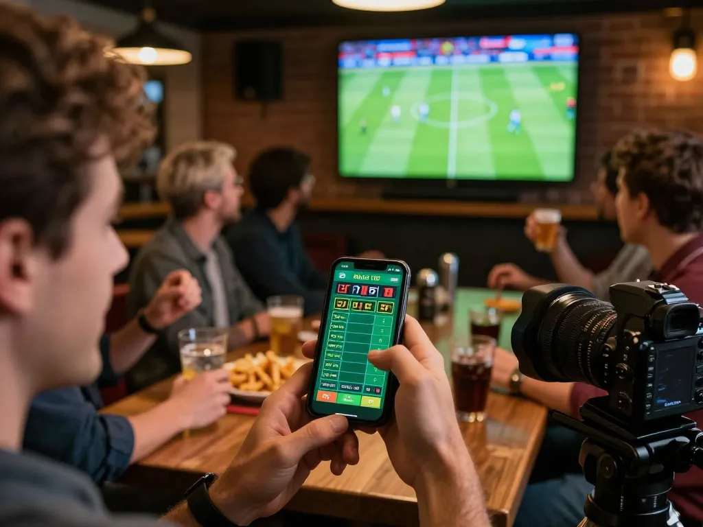 Engaged sports bettor placing live bets on their smartphone while intently watching trực tiếp đá bóng in a vibrant sports bar atmosphere.