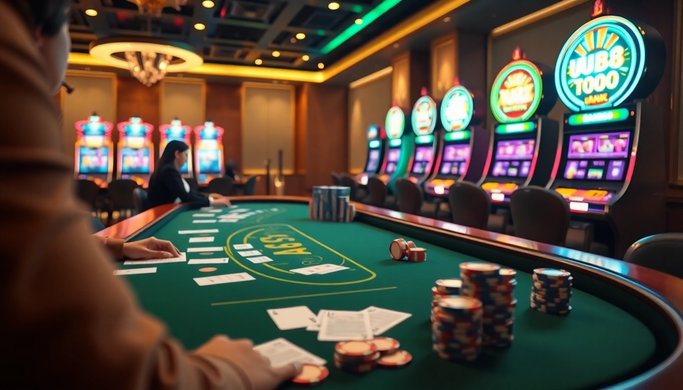 UU88 players engaged at a vibrant online casino table with cards and chips.