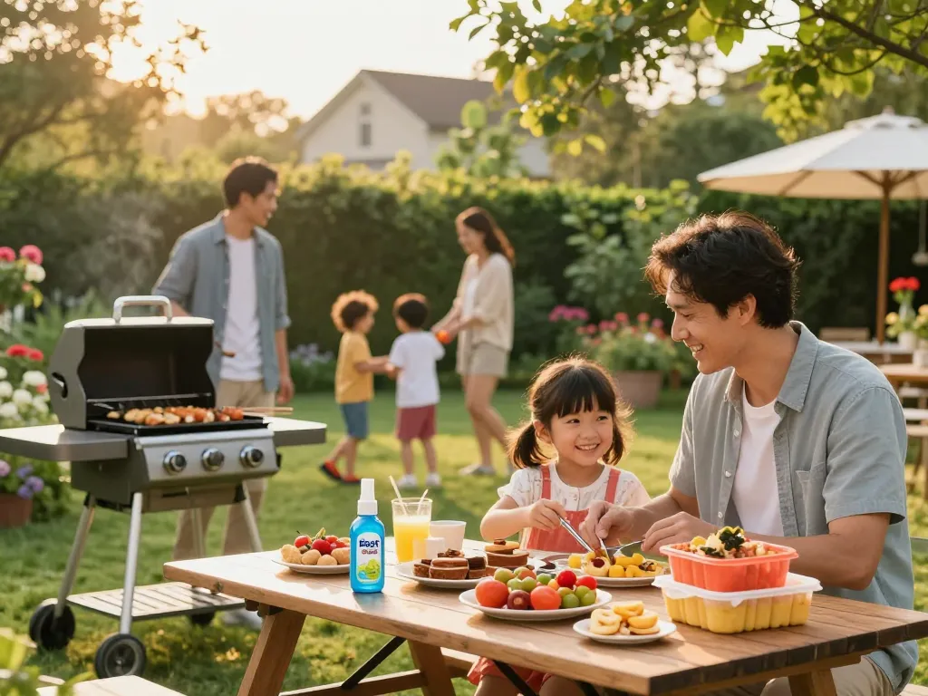 Family using the Best Mosquito Repellent while enjoying a summer barbecue in a beautiful garden.