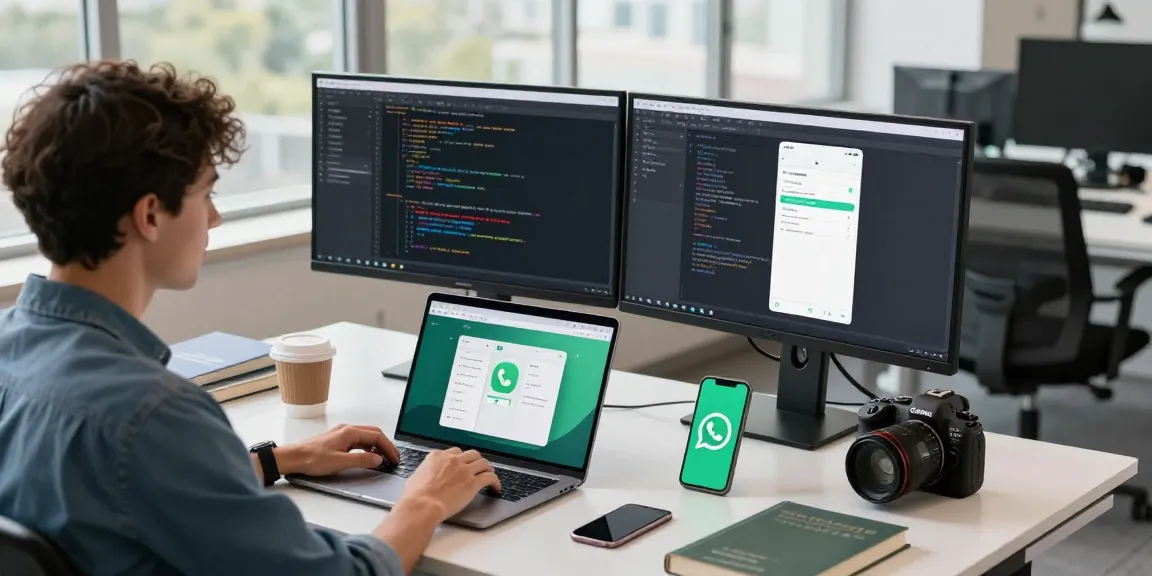 Mobile developer demonstrating WhatsApp下載 setup in a vibrant workspace.