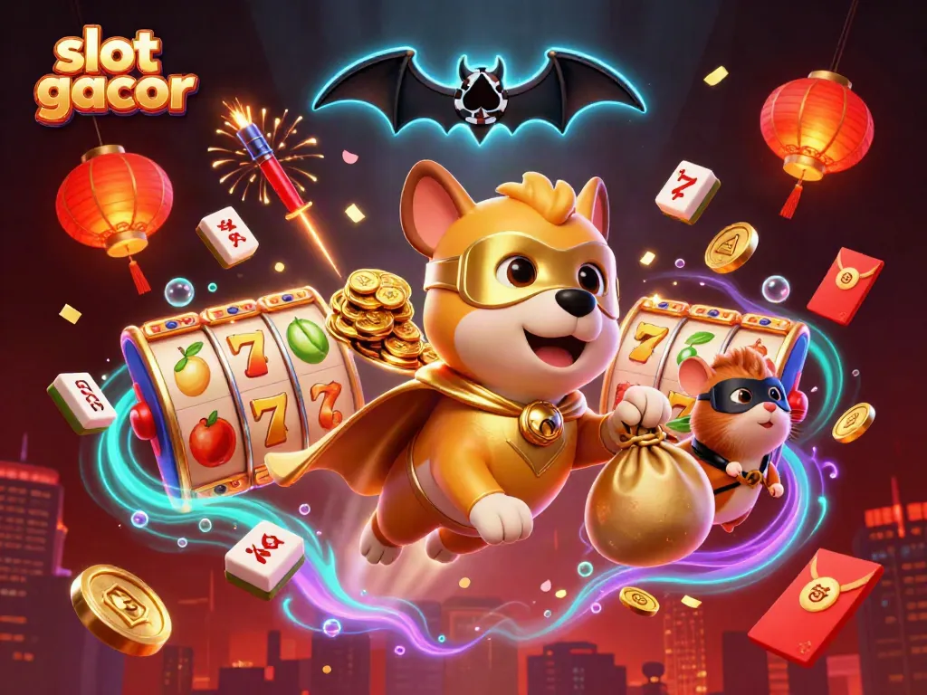 Slot gacor dengan anjing superhero terbang membawa koin emas dan karakter lucu lainnya.