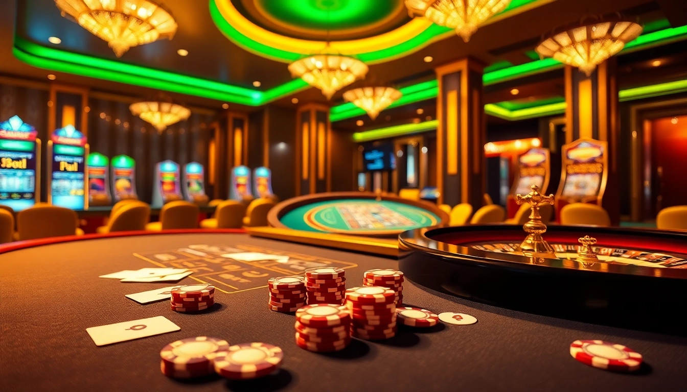 Engaging virtual casino experience at 789f com with vibrant slot machines and betting tables.