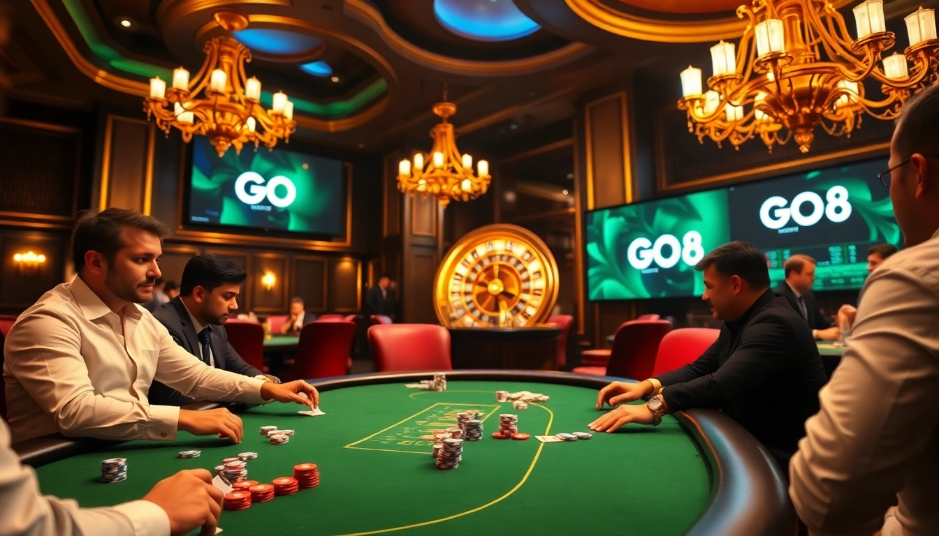 Experience the excitement of GO8 casino games at a luxurious poker table with vibrant colors.